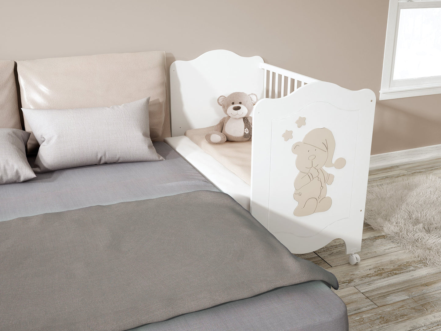 Dětská postýlka Trama SLEEPY BEAR 120 x 60 cm white